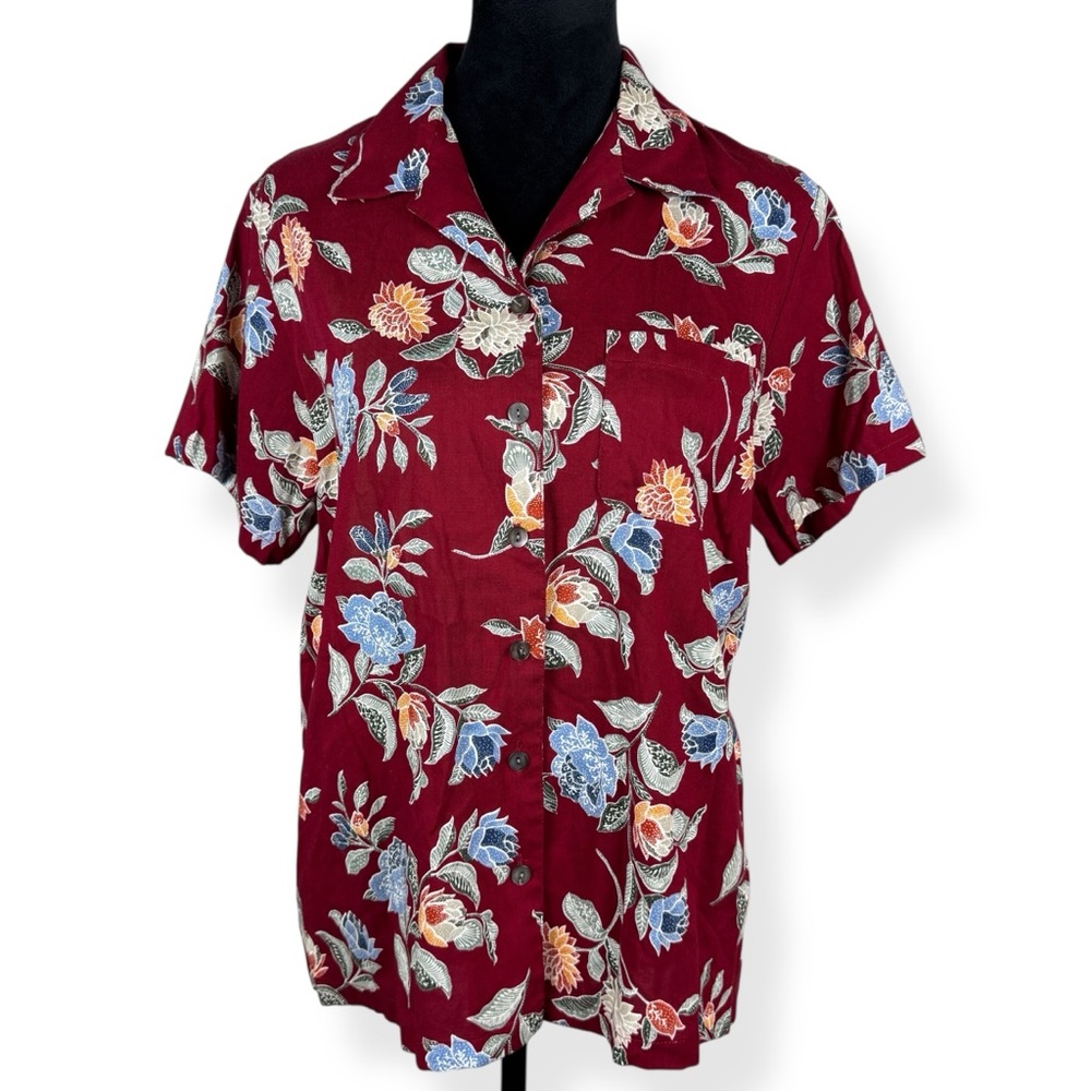 Crazy Horse Liz Claiborne Shirt Womens L Large Red Floral Button Down Shirt
